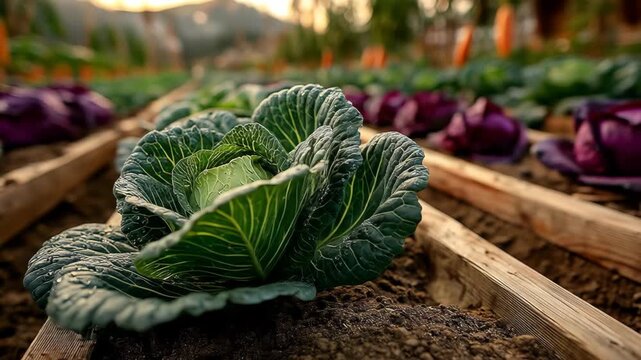 Rows of Organic Cabbages Growing in a Farm Field.
