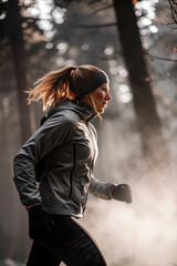 A woman jogs along a forest path shrouded in mist during early morning. Sunlight filters through the trees, enhancing the serene atmosphere. Generative AI.