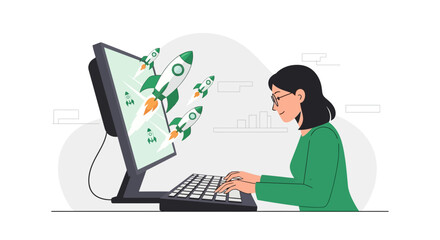Digital Startup Launch: Woman Uses Computer to Initiate Growth, Success and Development