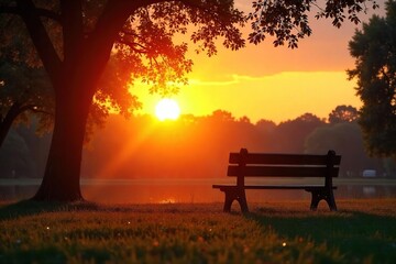Golden Sunset Silhouette of Park Bench Peaceful Relaxation and Contemplation