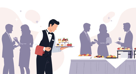 Elegant Event Scene Depicting a Formal Gathering with Service and Refreshments