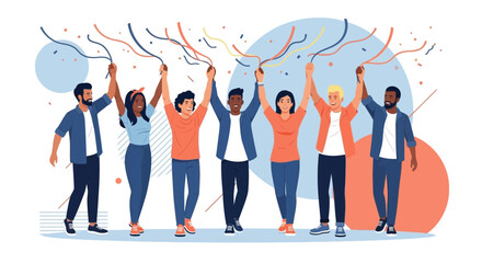 Diverse Group Celebrates Achieving Collective Victory with Streamers and Joyful Expressions