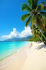 Serene Hawaiian Beach Scene Calm Turquoise Waters Lap Gently on White Sand, Palm Trees Swaying Under a Sunny Sky - Perfect for Travel and Vacation Projects