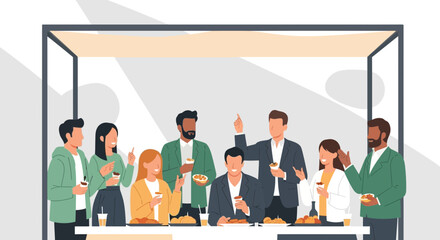 Diverse Group Of Professionals Enjoying Beverages And Food In Modern Minimalist Style