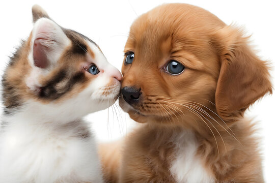 A tender moment of friendship between a kitten and a puppy, noses touching, symbolizing affection