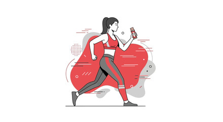 Fototapeta premium Energetic Woman Jogging While Holding Snack Bar in Front of Abstract Red Design