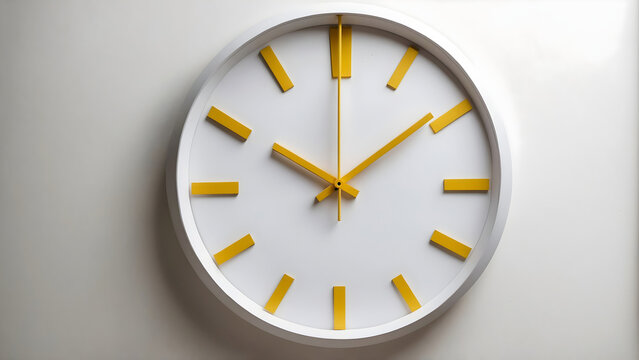 A modern, minimalist timepiece with yellow accents displays the passage of time. The simple elegance of the clockface invites reflection on the ephemeral nature of moments