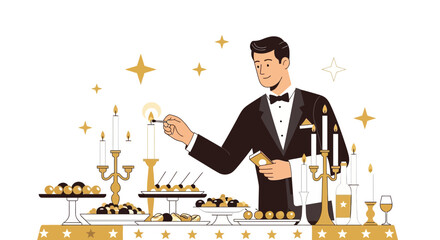 Elegant waiter lighting candles on a decorated table for a celebratory event illustration