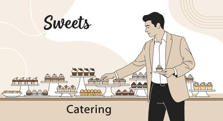 Elegant Sweets Catering Display: A Man Choosing Exquisite Desserts and Fine Pastries