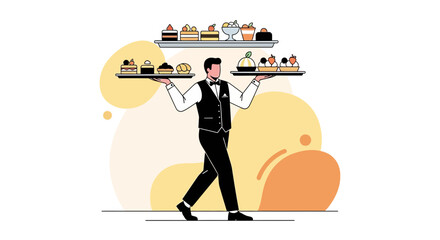 Elegant Waiter Balancing Pastries, Confections, And Desserts On Trays For Service