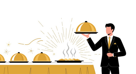 Elegant Waiter Presentation Of Meal, Gold Accents, Serving Dishes, Minimalist Style Display