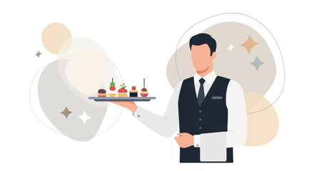 Elegant Waiter Presenting Gourmet Appetizers on a Stylish Tray