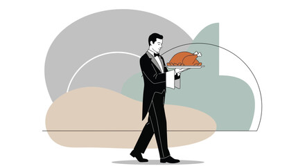 Elegant Waiter Serving Chicken Dish on a Tray with Minimalist Aesthetic Design