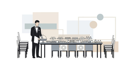 Elegant waiter serving food at a buffet with a formal table setting and chairs