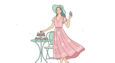 Elegant Woman Appreciating Cupcakes While Sporting a Dress and Stylish Hat
