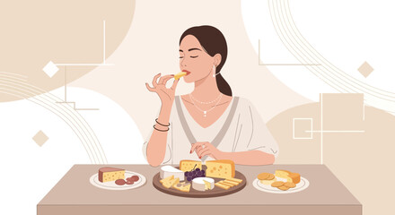 Elegant Woman Appreciating Gourmet Cheese Displayed At A Table Enjoying A Taste