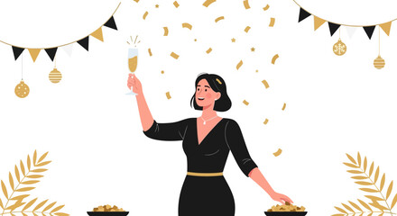 Elegant Woman Celebrating With Champagne Surrounded By Confetti During Festive Occasion