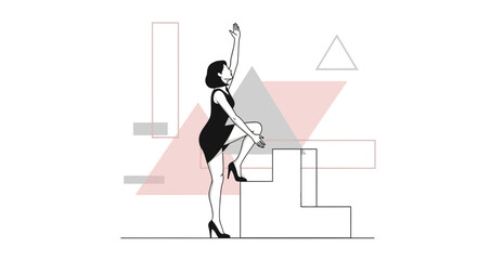 Elegant Woman Climbing The Stairs, Reaching To Success In Modernist Geometric Style