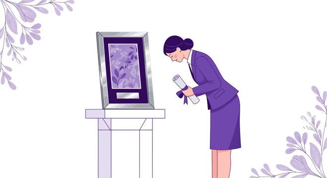 Elegant Woman Admiring A Framed Artwork, Holding A Certificate, With Floral Elements