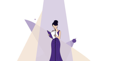 Elegant Woman Performing on Stage Reading a Book Under the Spotlights During a Ceremony