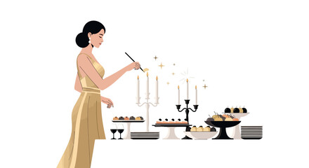 Elegant woman lighting candles at a formal dinner party with various food items