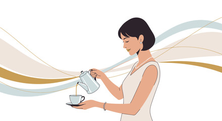 Elegant Woman Pouring Coffee into a Demure Cup with Swirling, Abstract Background