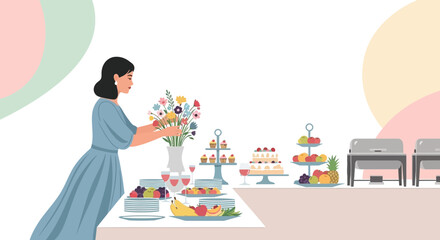 Elegant Woman Preparing Floral Arrangement And Buffet Presentation For A Special Occasion Event