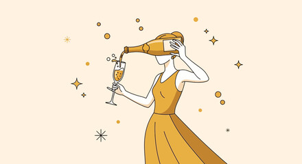 Elegant Woman Presenting Champagne Pouring, Celebration Drink Illustration, Holiday Concept