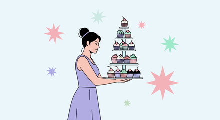 Elegant Woman Presenting Tiered Cupcake Stand With Colorful Decorations