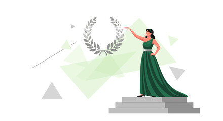 Elegant Woman Reaching For Laurel Wreath Depicting Success and Recognition In Green Dress