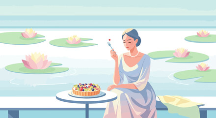 Elegant Woman Savoring Delightful Dessert Beside Serene Water Lilies And Nature's Beauty