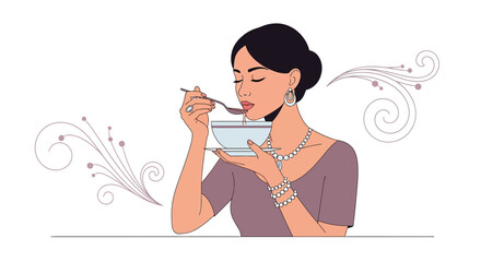 Elegant Woman Savors Bowl Of Soup Amidst Decorative Swirls Of Aroma And Luxurious Jewelry