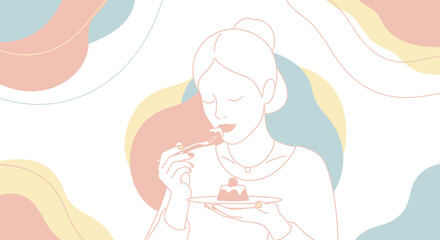 Elegant Woman Savoring Sweet Dessert amidst Abstract Soft Pastel Color Design