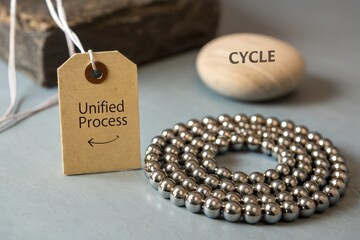 Metallic bead arrangement labeled Cycle forming a circular shape