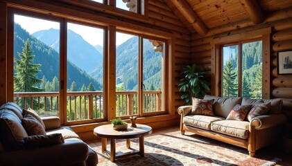 Mountain Cabin Getaway Breathtaking Views & Cozy Interior. Relaxing Retreat with Large Windows Showcasing Stunning Natural Landscapes. Perfect for a Peaceful Escape.