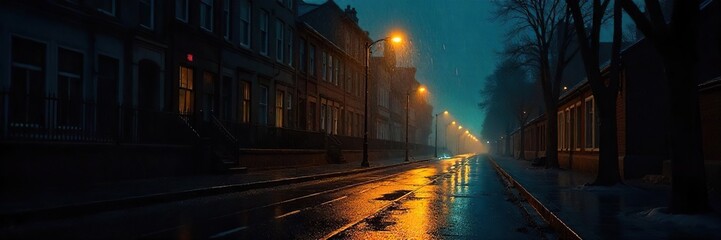 Solitary Streetlamp Illuminates Rain-Slicked Street at Night, Casting a Warm Golden Glow and Dramatic Moody Atmosphere