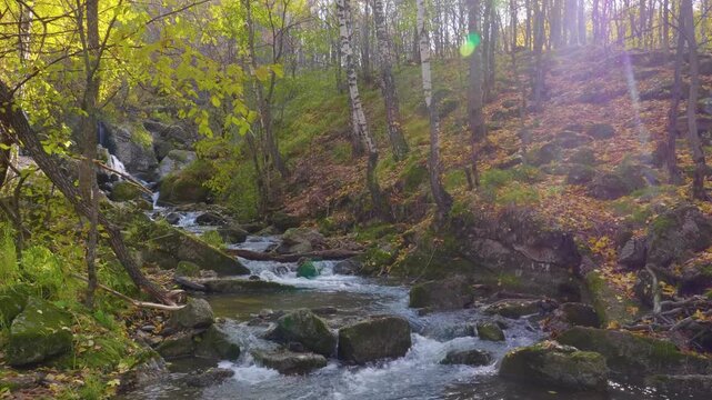 Scenic footage of the Kuk Karauk Waterfall cascading through a vibrant autumn forest in the South Ural Mountains, Russia. The clear mountain stream flows over rocks amidst colorful fall foliage, showc