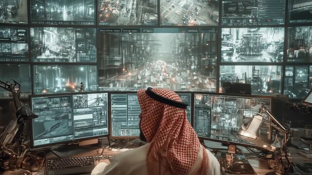 Saudi Man Overseeing Security Surveillance in a High Tech Control Room.