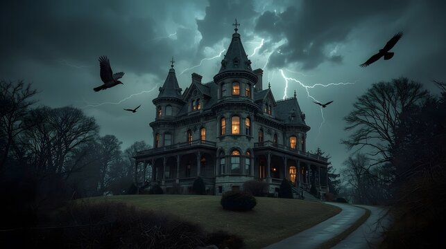 Lightning-Lit Gothic Mansion on Hill at Halloween Night