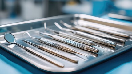Surgical dental tools arranged on a sterile tray in a modern dental clinic