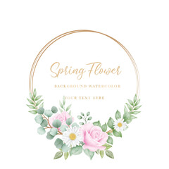 Watercolor flowers rose wreath with golden circle