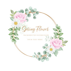 Watercolor flowers rose wreath with golden circle