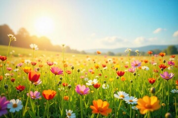 Sun-Drenched Wildflower Meadow Gently Swaying Flowers Evoking Joy and Bliss, Perfect Cheerful Backdrop for Wellness and Nature Projects