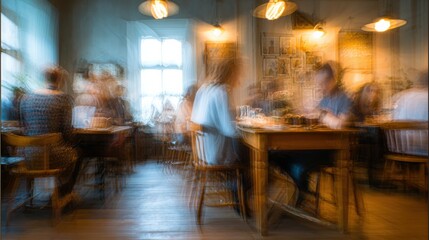 Stylish Cafe Interior With Blurred Figures Enjoying Meals During a Lively Lunch Hour