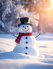 Obraz premium Cheerful snowman in a snowy forest, festive winter scene