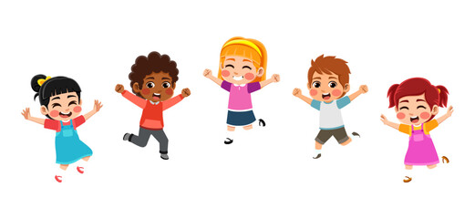 set 3 children jumping happily in vector illustration style