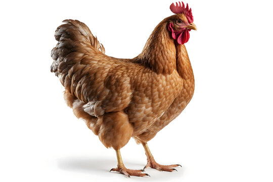 A detailed shot of a single brown chicken. It's standing facing towards the left with a focus on it's detailed body and features