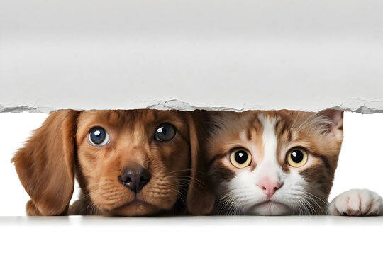 A curious puppy and kitten peep through the torn paper