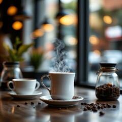 Obraz premium Steaming Coffee Cup in Cafe