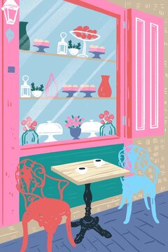 Summer caf&eacute; illustration coffee cup and pastry showcase